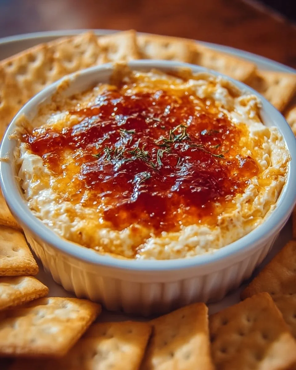 Delicious pepper jelly cheese dip served in a stylish bowl with crackers.