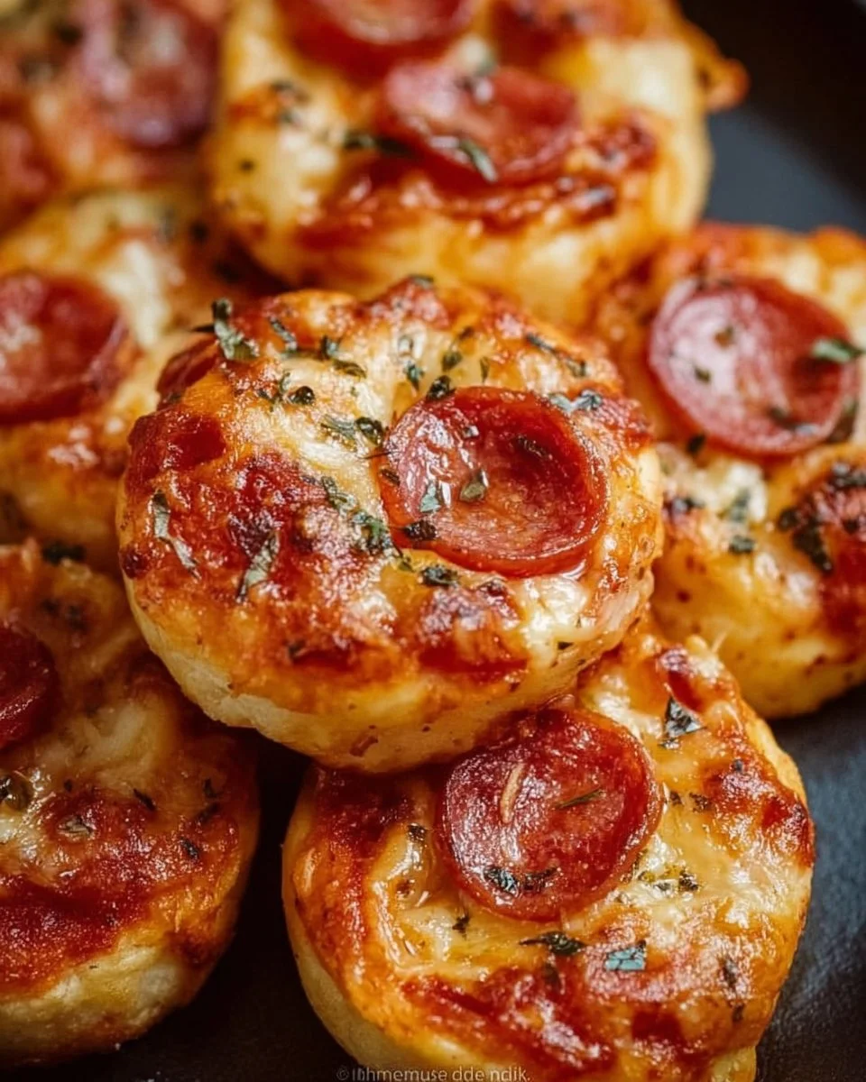 Pepperoni Pizza Bites arranged on a plate, showcasing their delicious toppings.