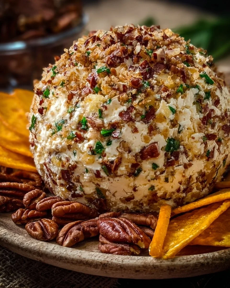 Pineapple Pecan Cheese Ball served with crackers and fruits