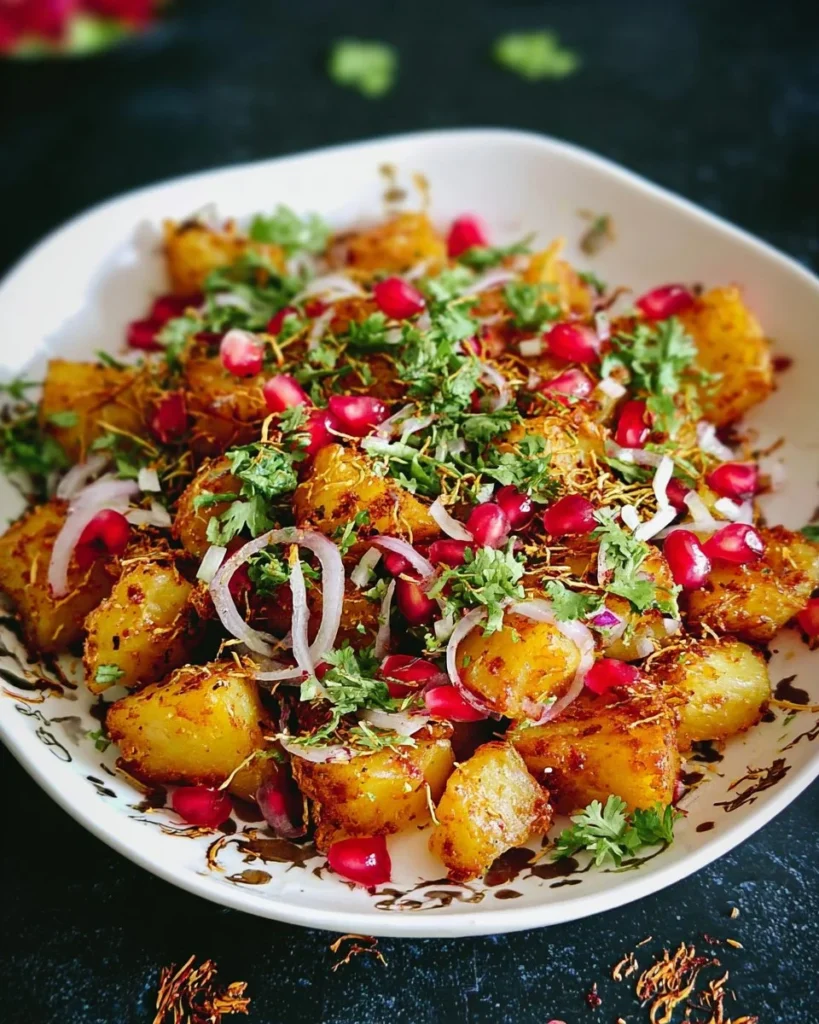 Delicious plate of Potato Chaat topped with spices and chutney