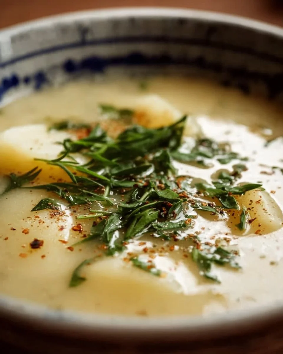 Bowl of creamy potato soup garnished with fresh herbs and spices