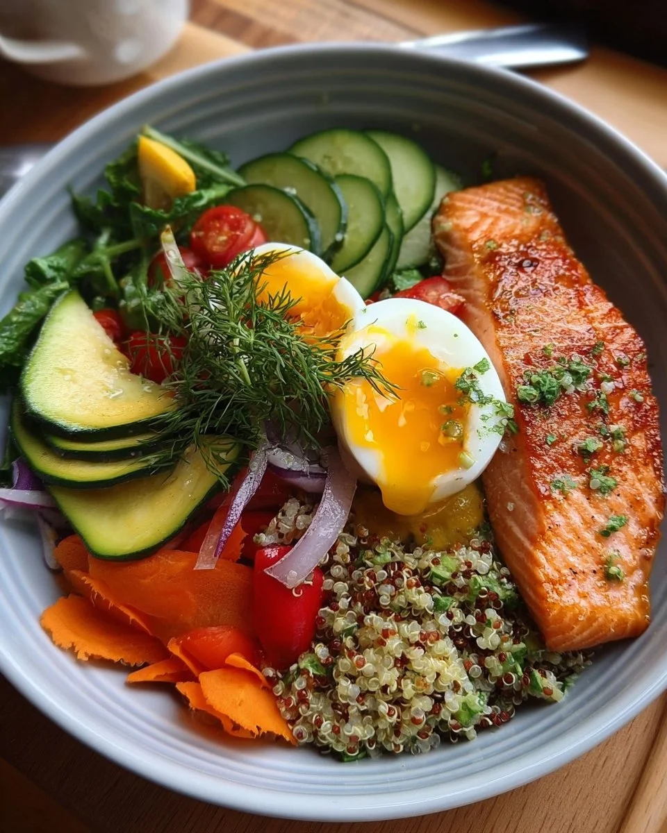 Power Protein Bowl with salmon, quinoa, and fresh vegetables