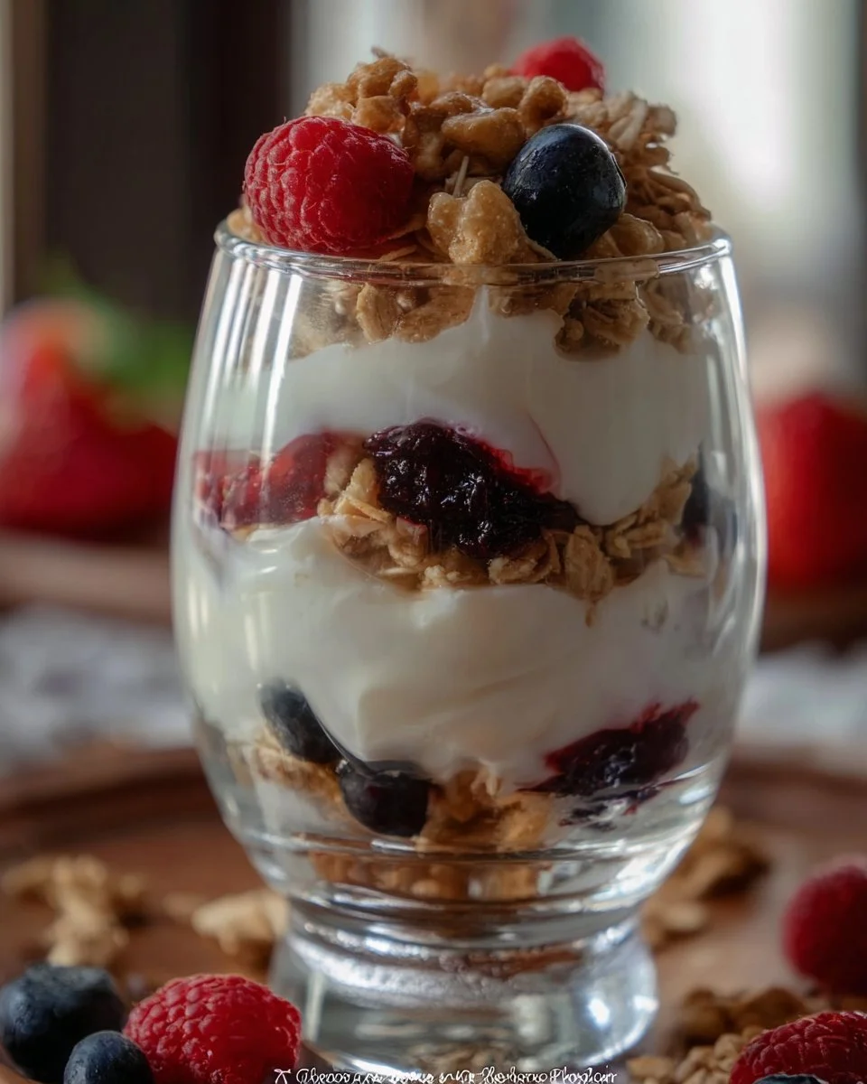 Protein Yogurt Parfait with berries and granola in a glass dish