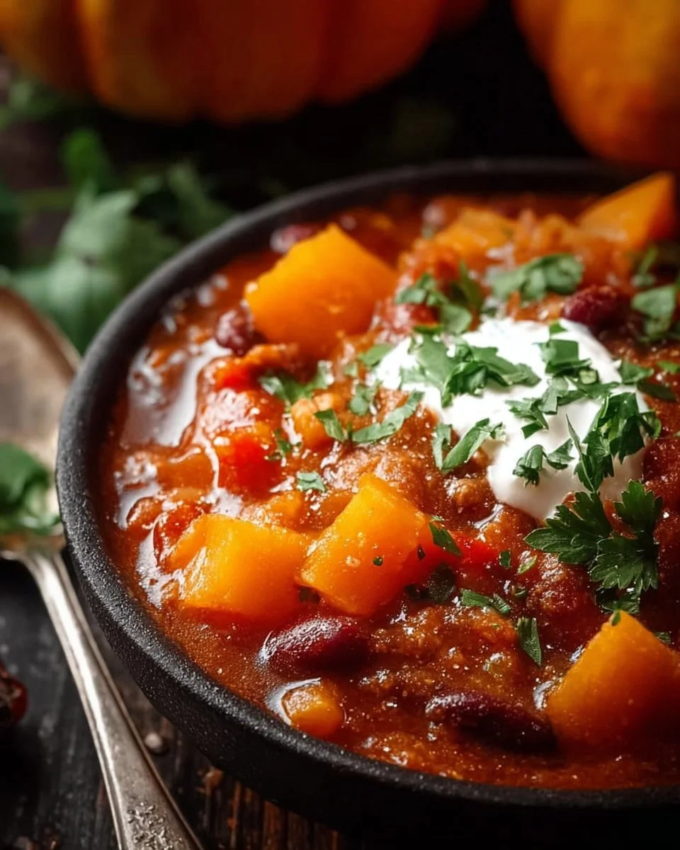 Bowl of hearty pumpkin chili with beans and spices