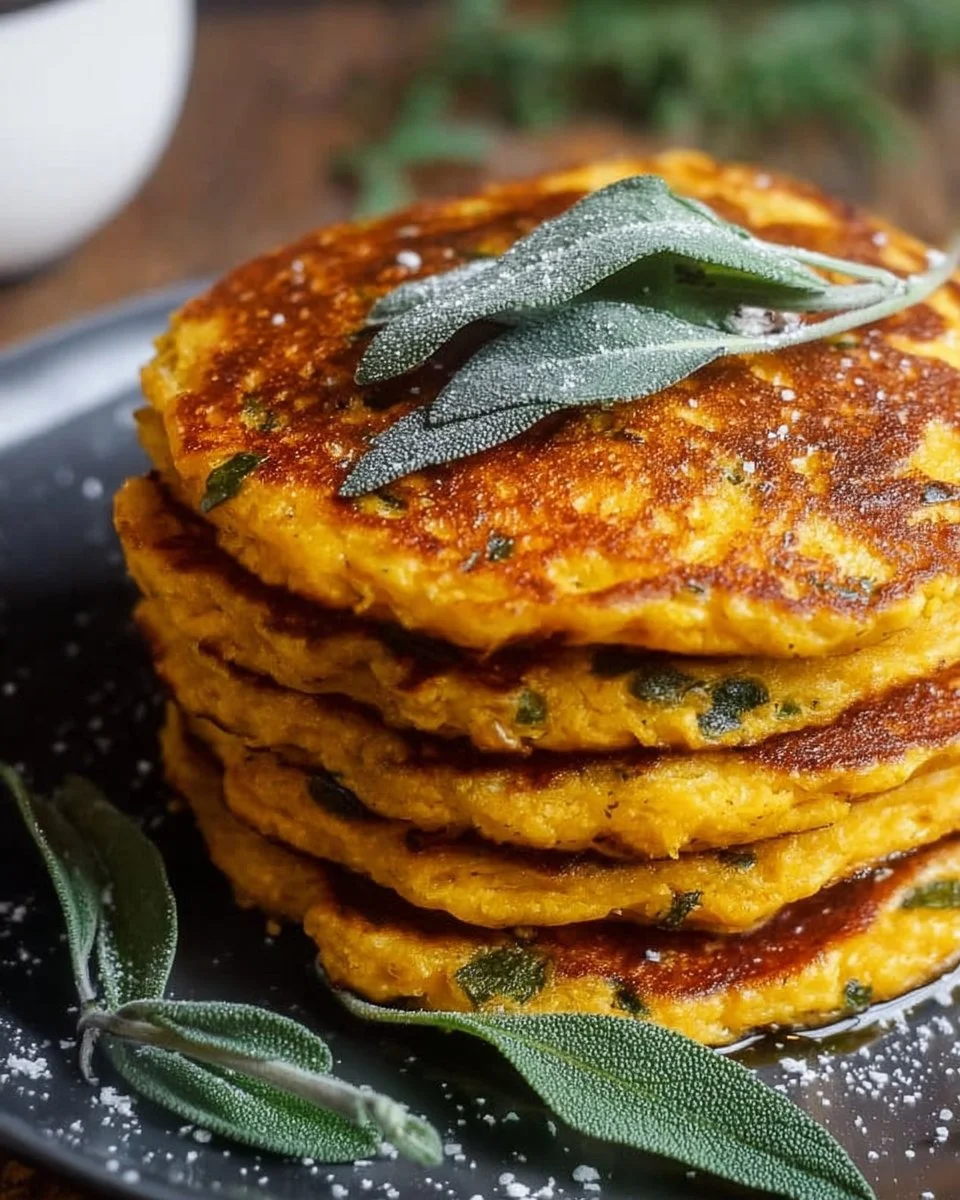 Stack of pumpkin herb gluten-free pancakes with maple syrup on a plate.