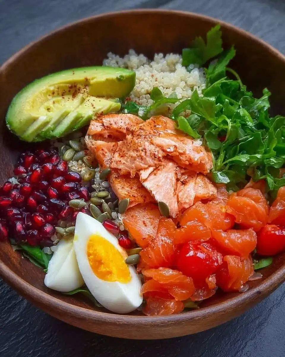 Delicious quick Salmon Protein Bowl with fresh vegetables and healthy toppings.