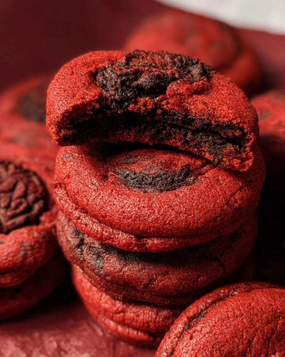Delicious Red Velvet Oreo Cookies stacked on a plate