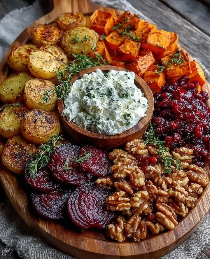 Roasted beet and sweet potato Christmas board with whipped feta and cranberries