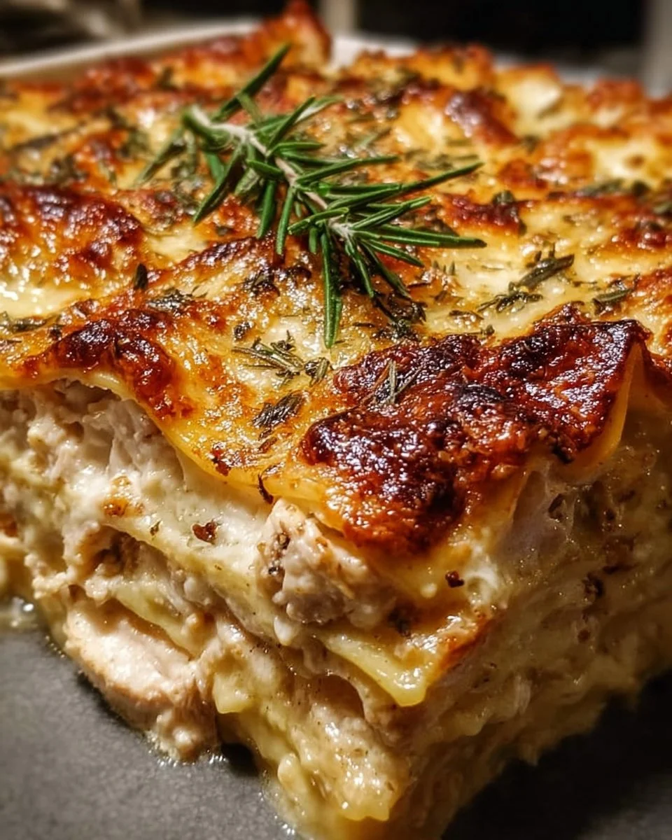 Delicious Rosemary Chicken Lasagna served in a creamy sauce with herbs