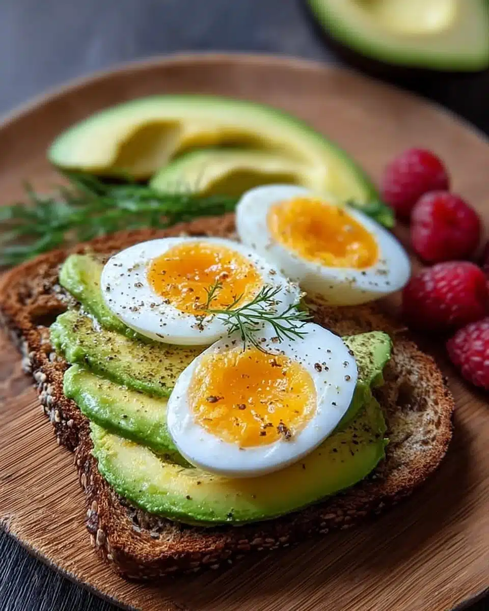 Rustic rye avocado toast with soft-boiled eggs on a wooden table.