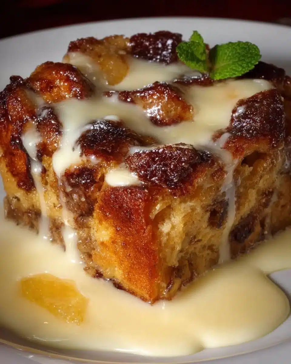 Delicious Ruth's Chris bread pudding dessert served warm with a creamy sauce.