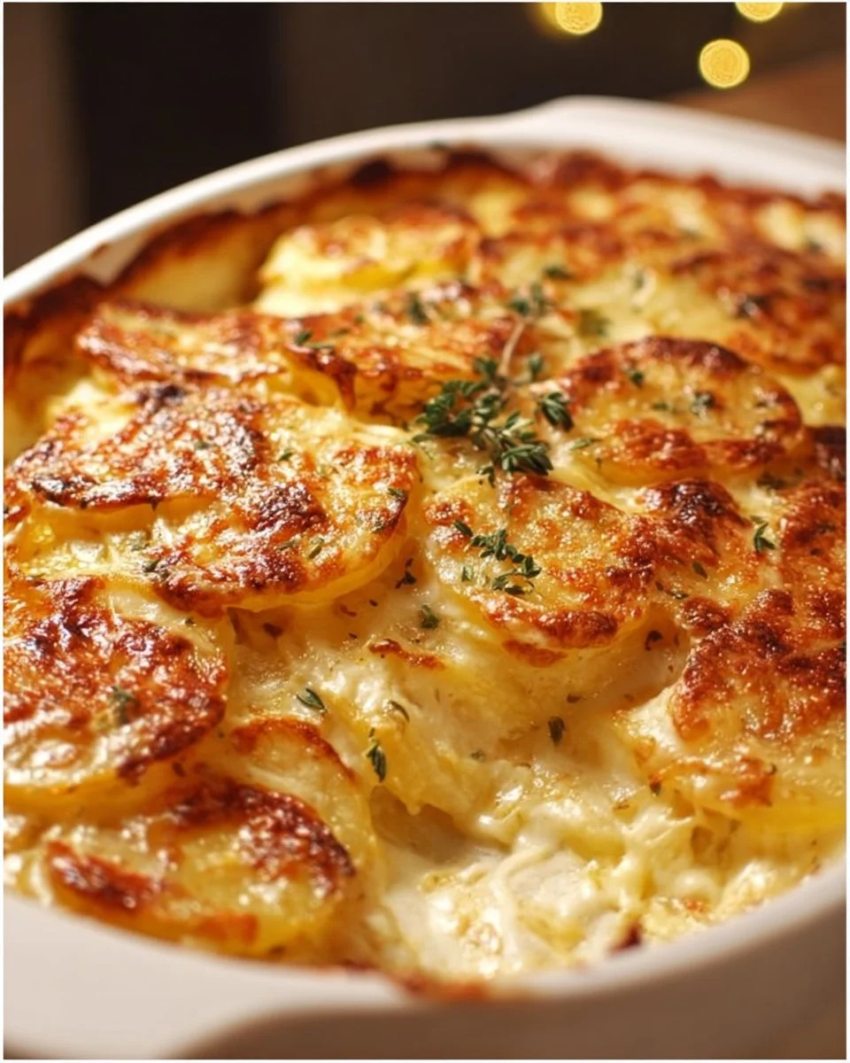 Ruth's Chris four-cheese scalloped potatoes dish served in a creamy sauce.