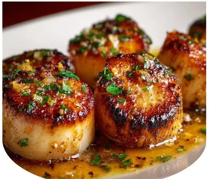 Delicious pan-seared scallops with lemon brown butter on a plate