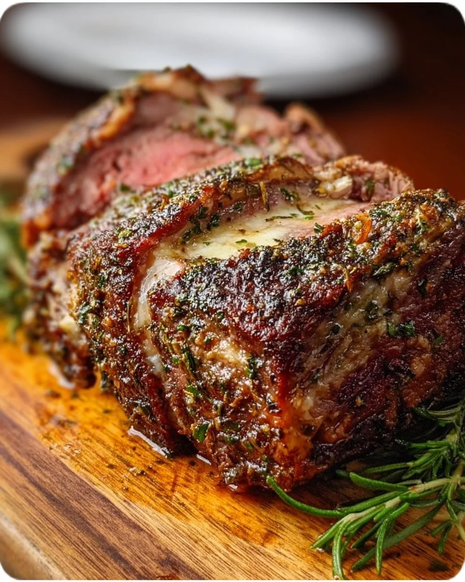 Ruth’s Chris-style roasted garlic and herb prime rib dish served elegantly