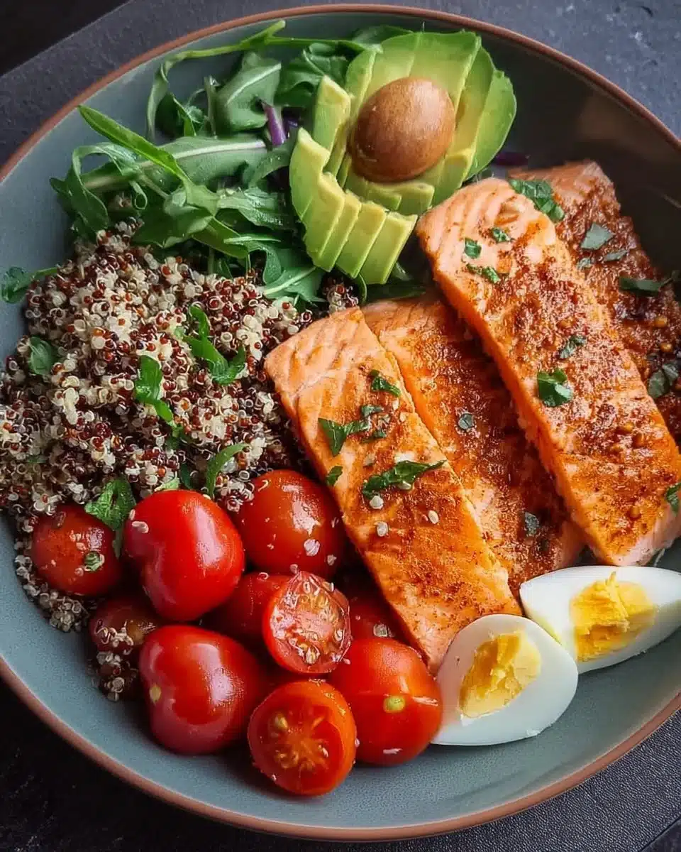 Healthy Salmon Quinoa Power Bowl with fresh vegetables and dressing