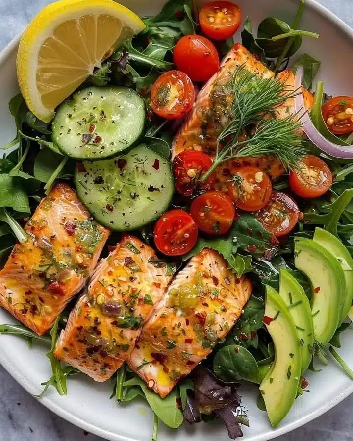 Salmon salad with cucumber, avocado, and lemon vinaigrette in a bowl.