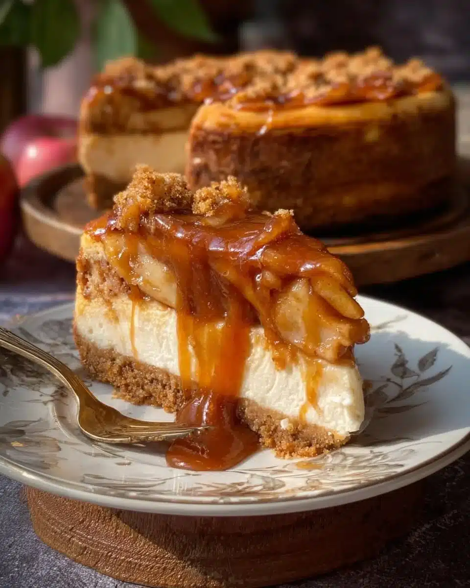 Delicious Salted Caramel Apple Pie Cheesecake topped with caramel drizzle.
