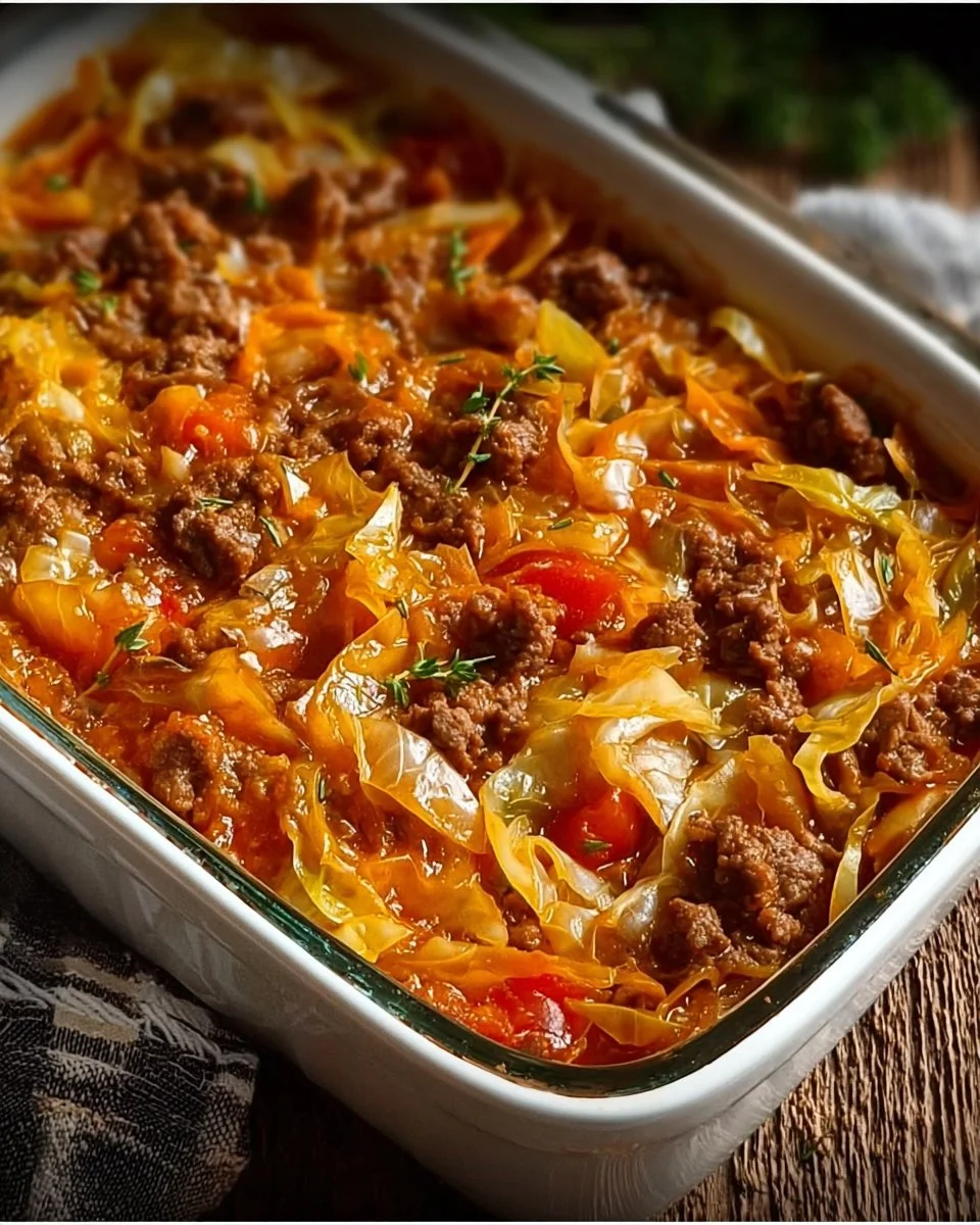 Delicious savory cabbage beef bake served in a casserole dish.