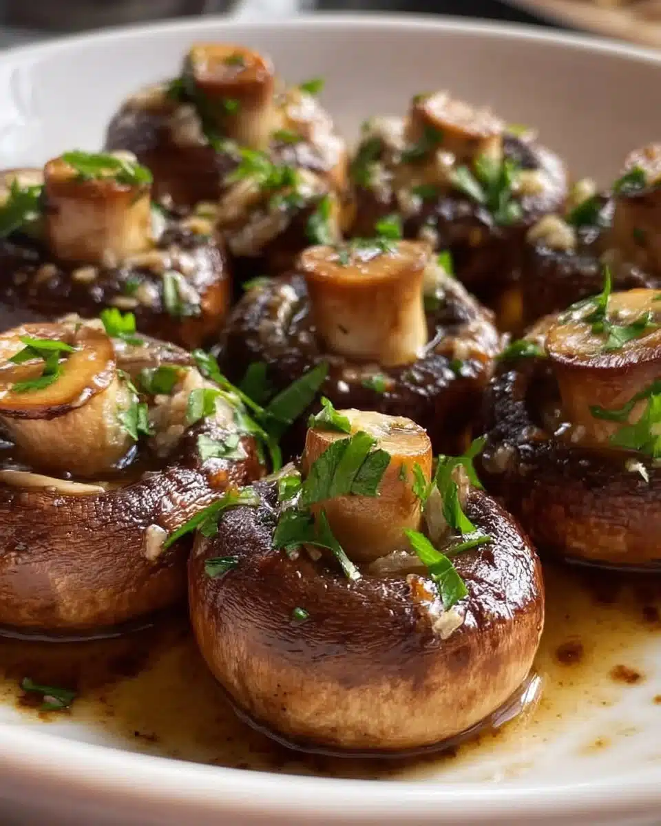 Plate of savory sherry mushrooms garnished with herbs