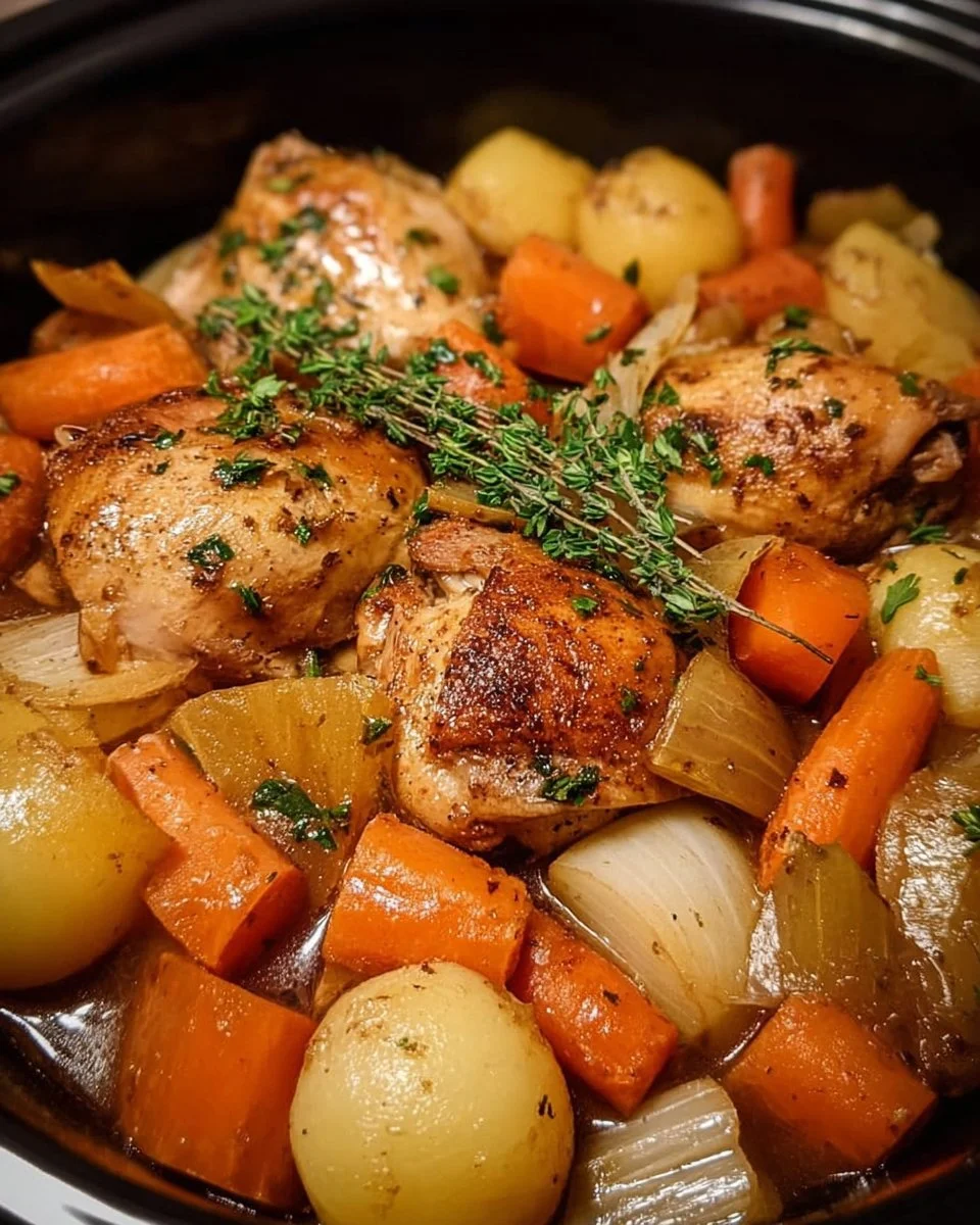 Slow cooker autumn chicken dinner with vegetables and spices