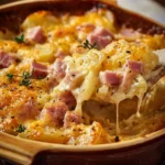 Slow cooker cheesy ham and potato casserole dish, topped with melted cheese
