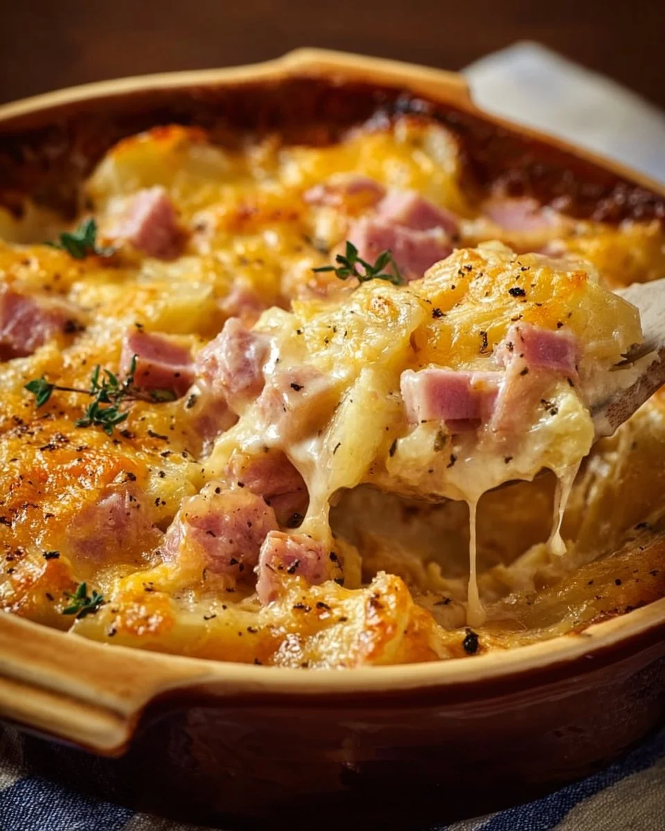 Slow cooker cheesy ham and potato casserole dish, topped with melted cheese