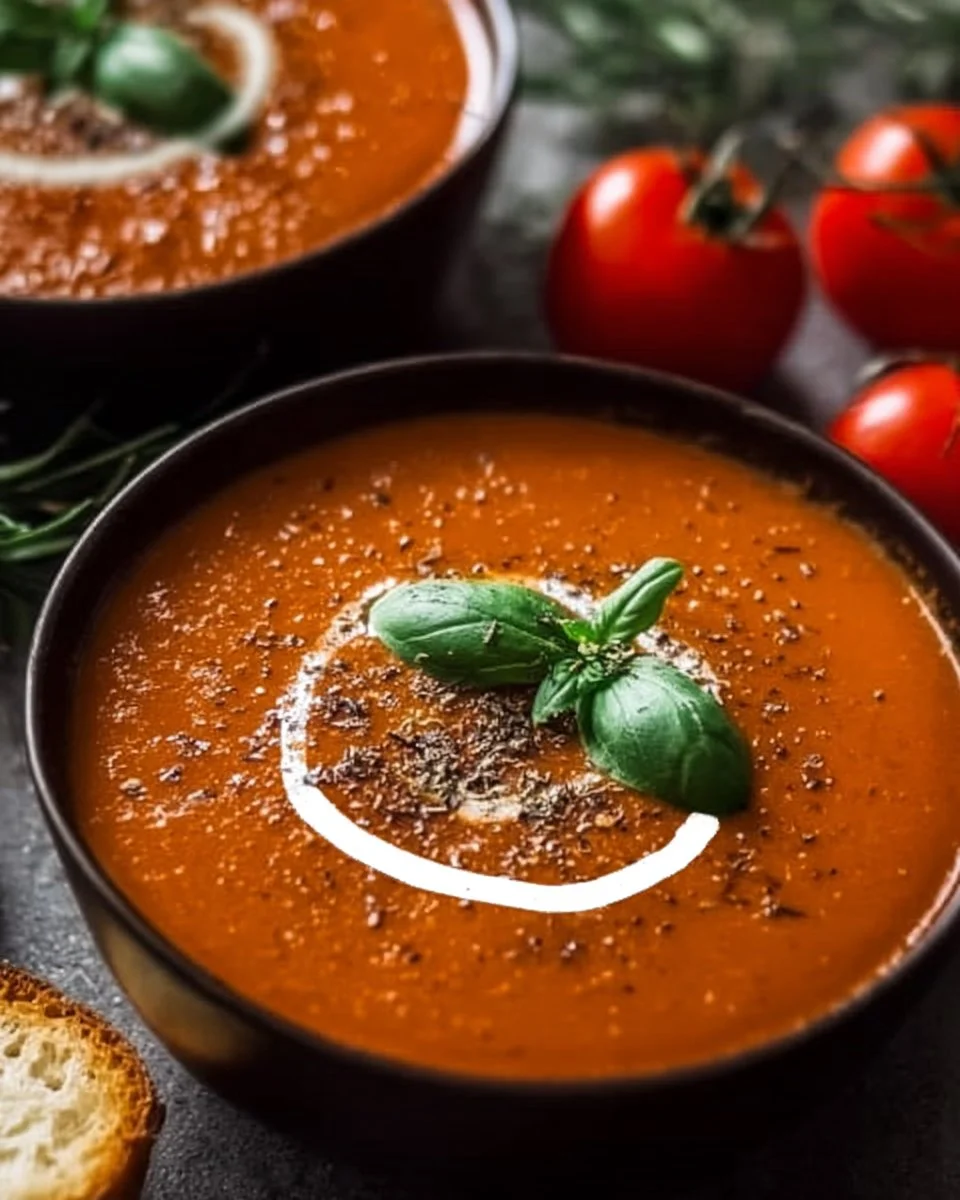 Slow cooker roasted tomato soup in a bowl with fresh basil garnish