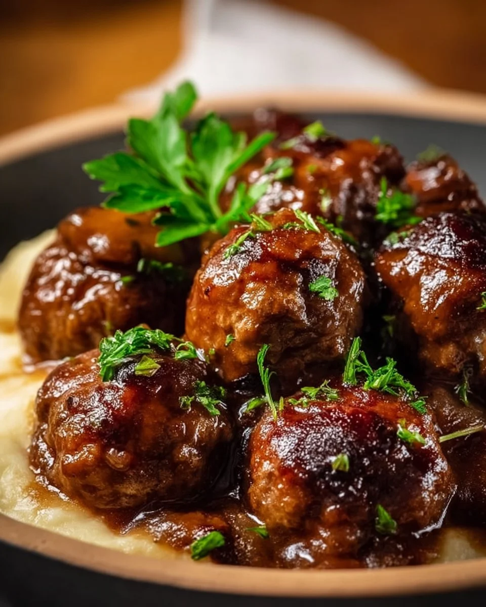Slow Cooker Salisbury Steak Meatballs served with gravy and mashed potatoes