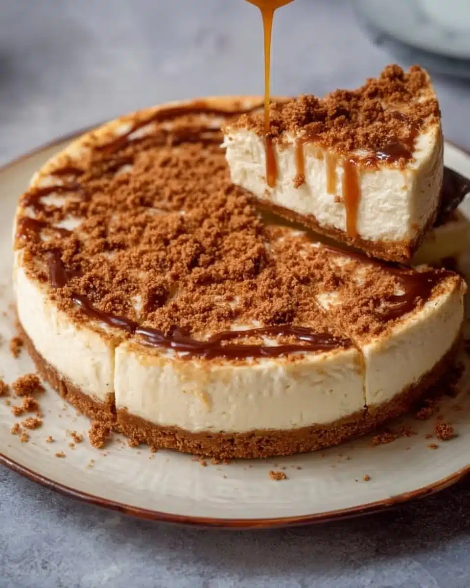 Delicious Speculoos cheesecake topped with cookie crumbles and caramel sauce
