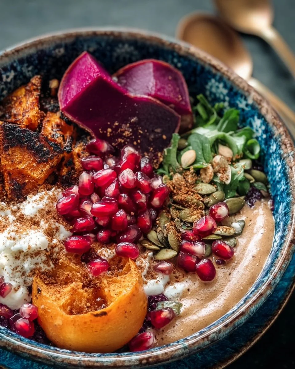 A vibrant spiced winter bowl filled with seasonal vegetables and grains.