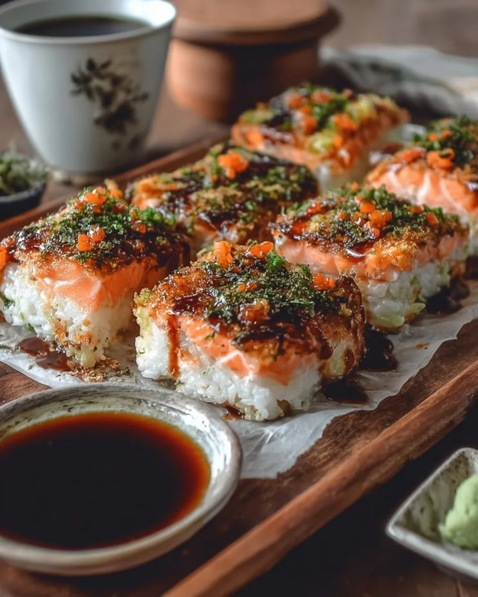 Spicy Salmon Sushi Bake topped with creamy sauce and garnished with green onions.
