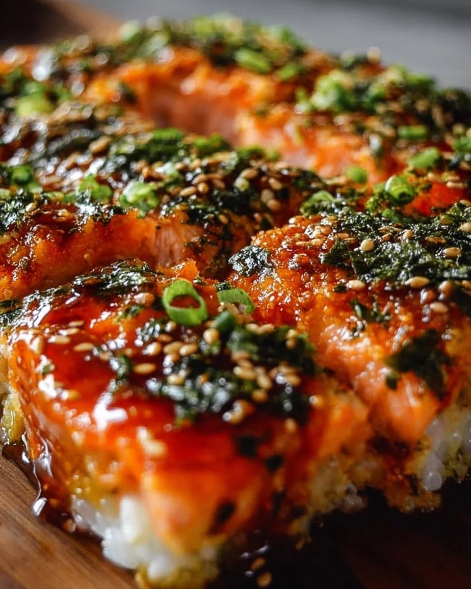 Delicious Spicy Salmon Sushi Bake presented on a plate with garnishes