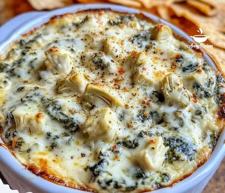 Delicious spinach artichoke dip served in a bowl with tortilla chips.