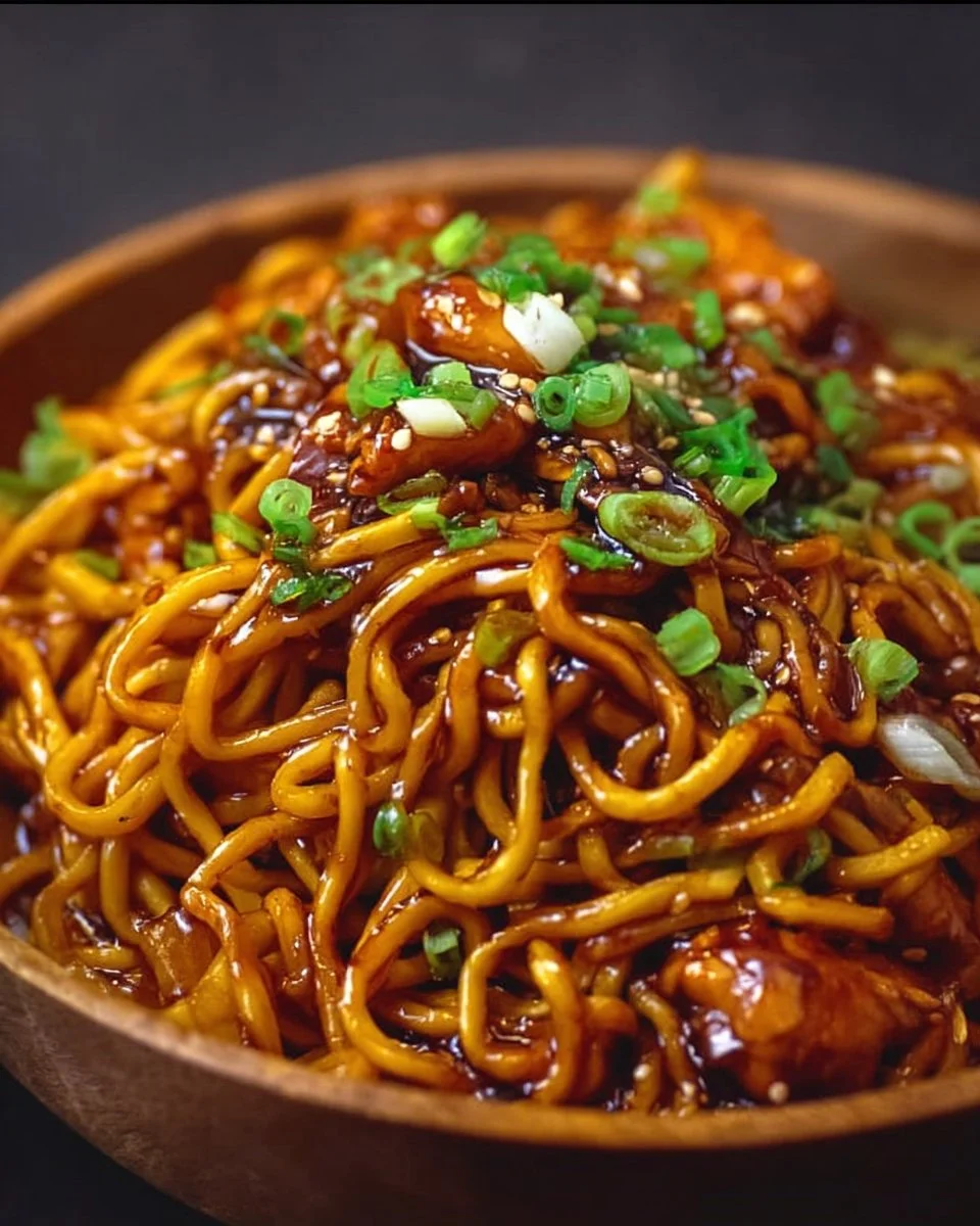 Plate of sticky garlic chicken noodles garnished with green onions