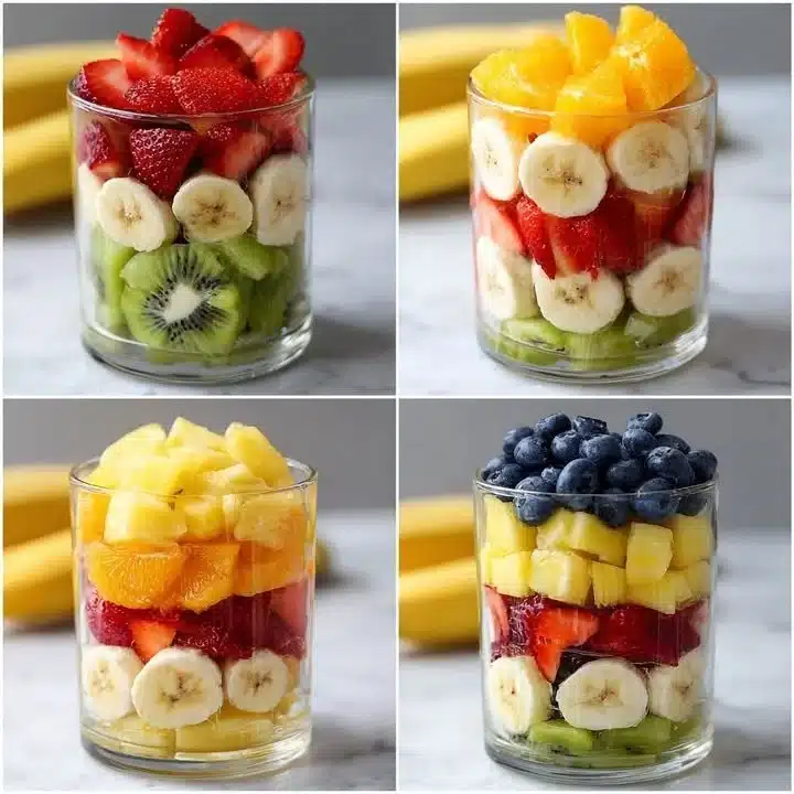 A vibrant Strawberry Banana Kiwi Cup filled with fresh fruit slices.