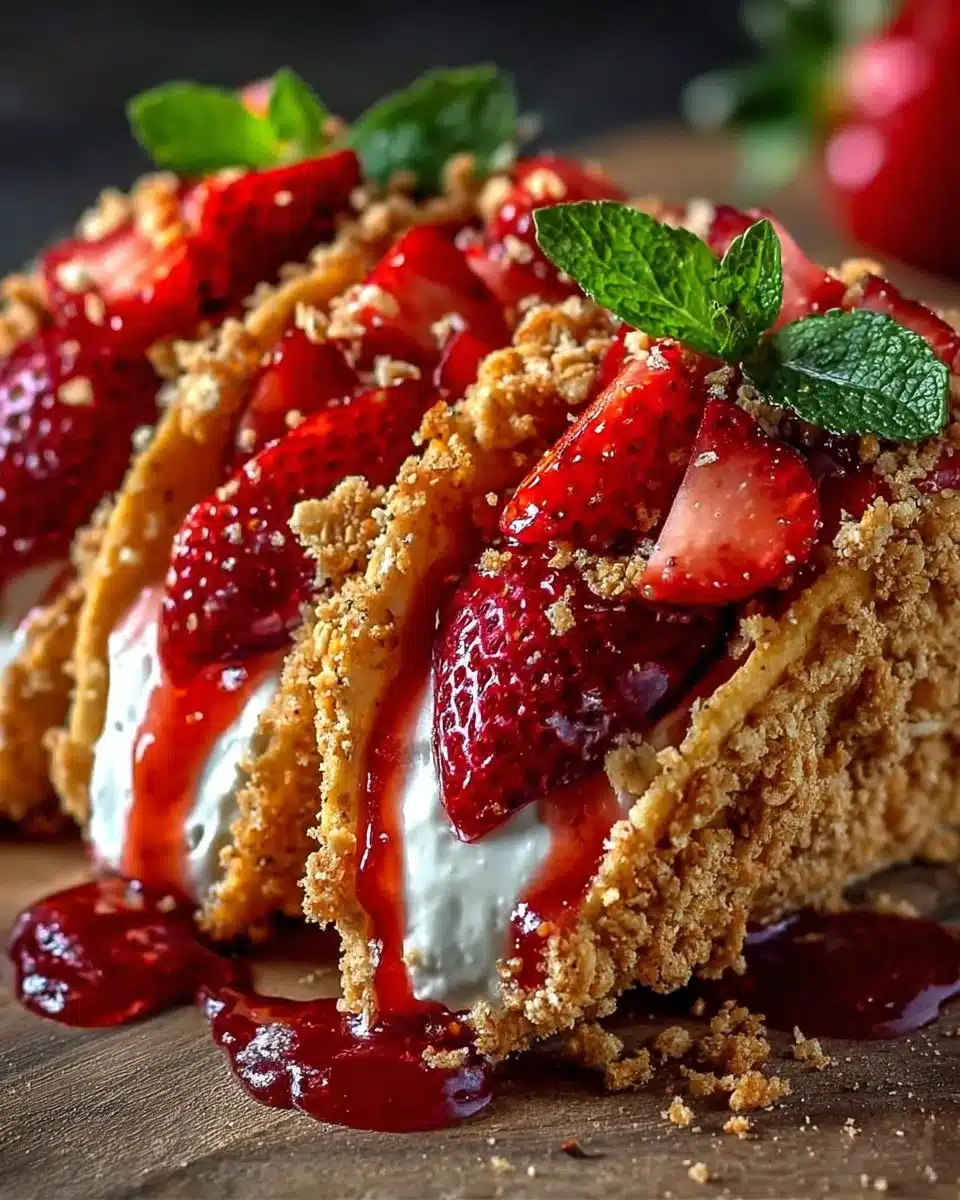 Delicious strawberry crunch cheesecake tacos served on a plate
