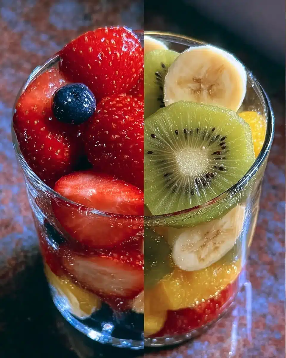 Delicious strawberry kiwi banana fruit cup filled with fresh fruits