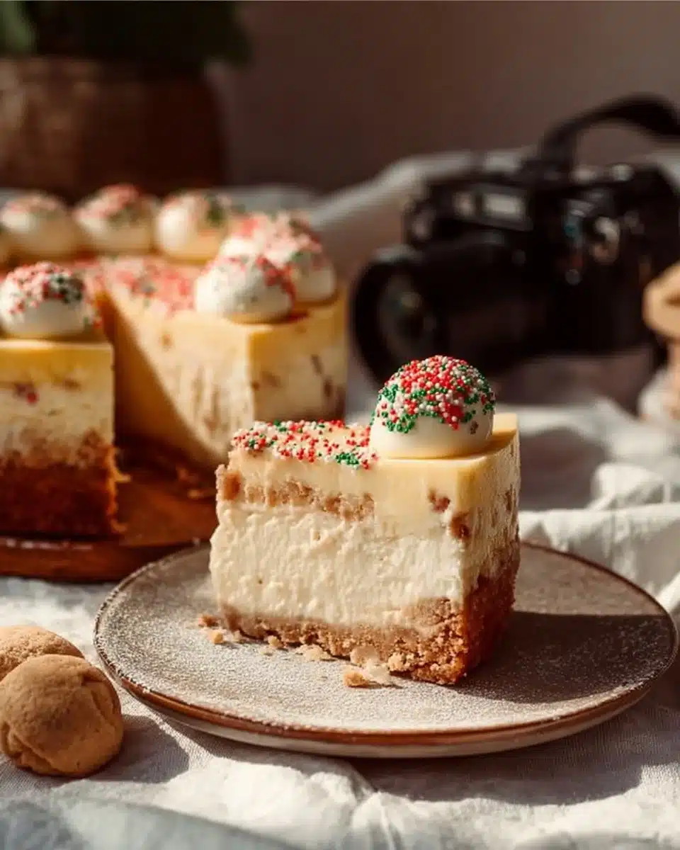 Delicious sugar cookie cheesecake topped with sprinkles and whipped cream