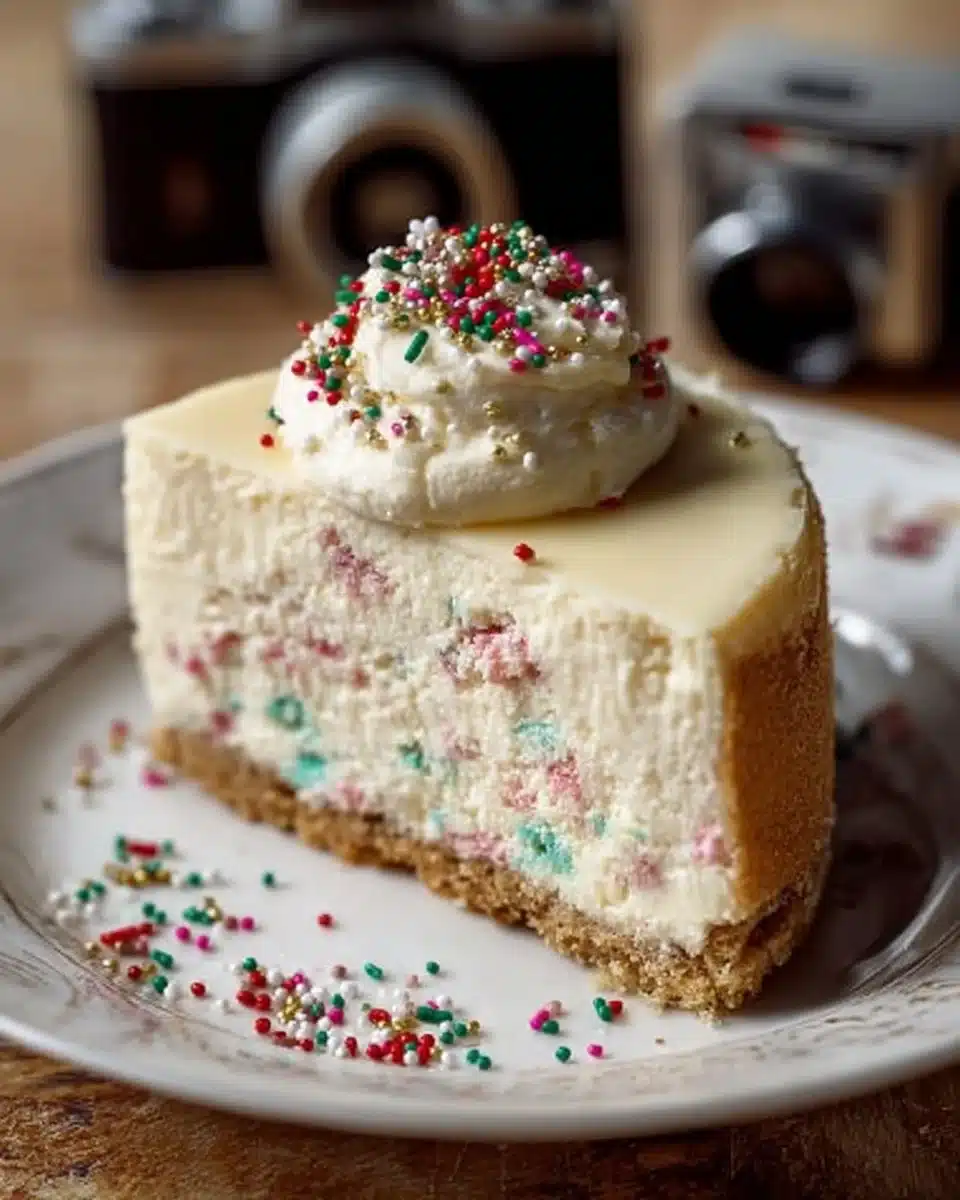 Slice of sugar cookie cheesecake topped with sprinkles on a plate