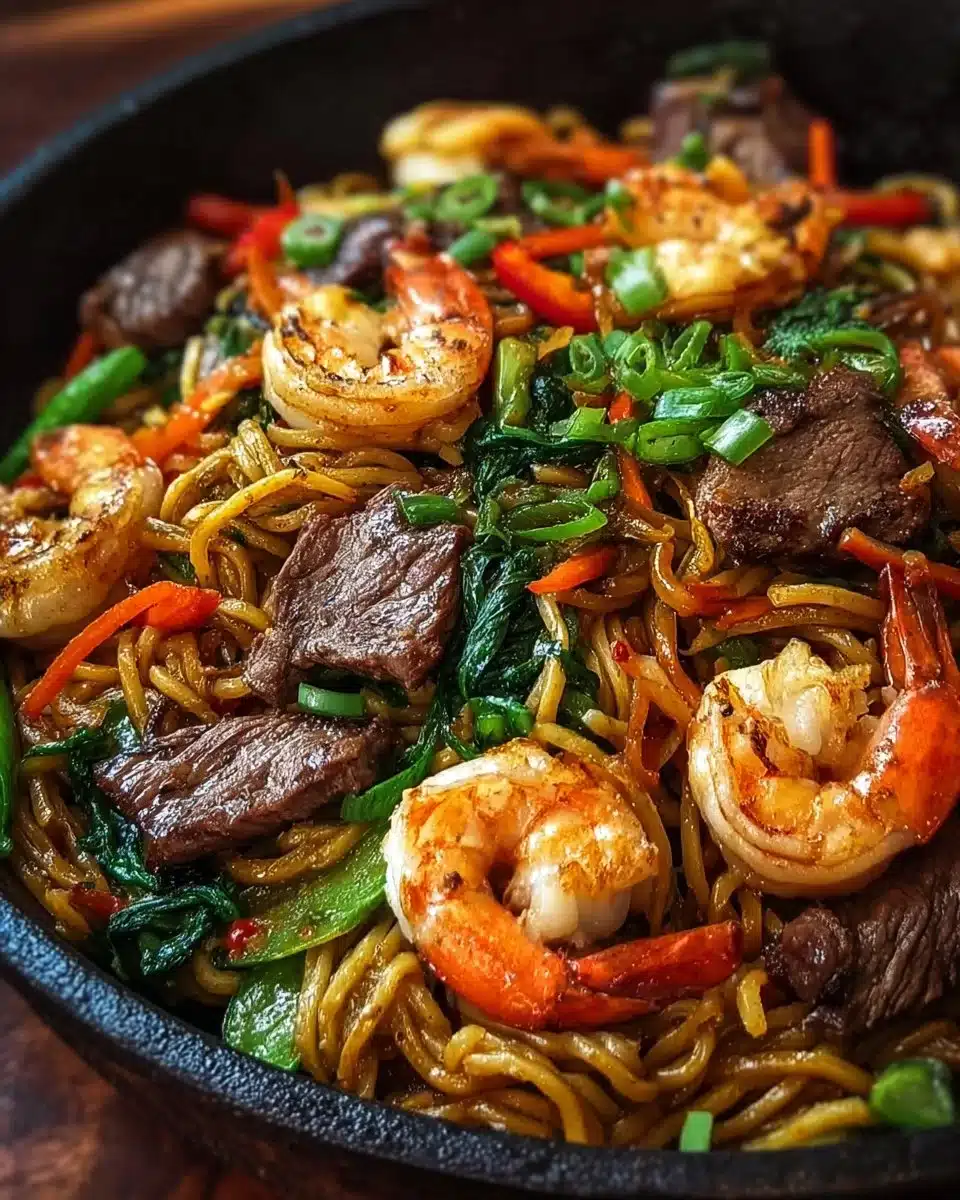 Surf & Turf Noodle Stir-Fry featuring steak and shrimp on a colorful plate