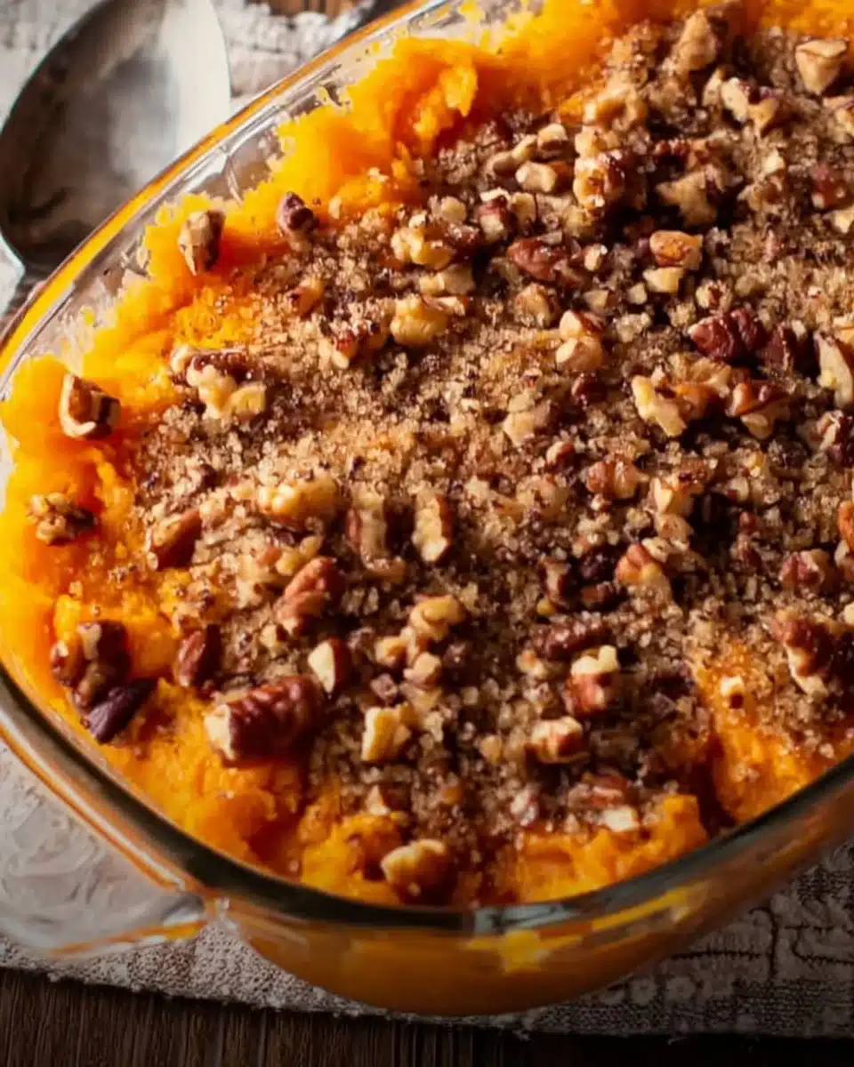 A delicious Sweet Potato Casserole topped with marshmallows and nuts
