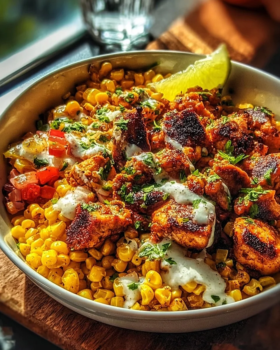 Delicious Tasty Street Corn Chicken Bowl topped with fresh ingredients.