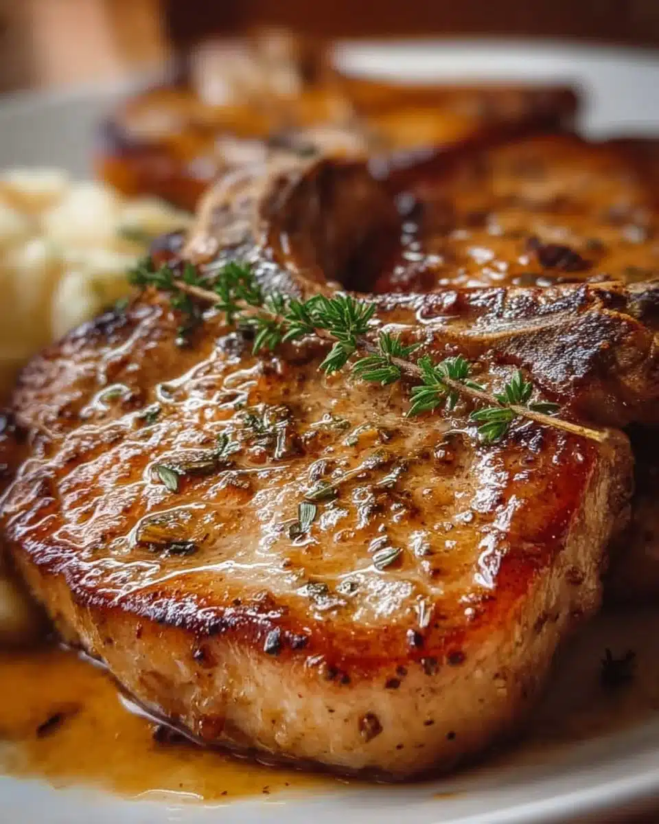 Tender pork chops served with herbs and spices on a plate