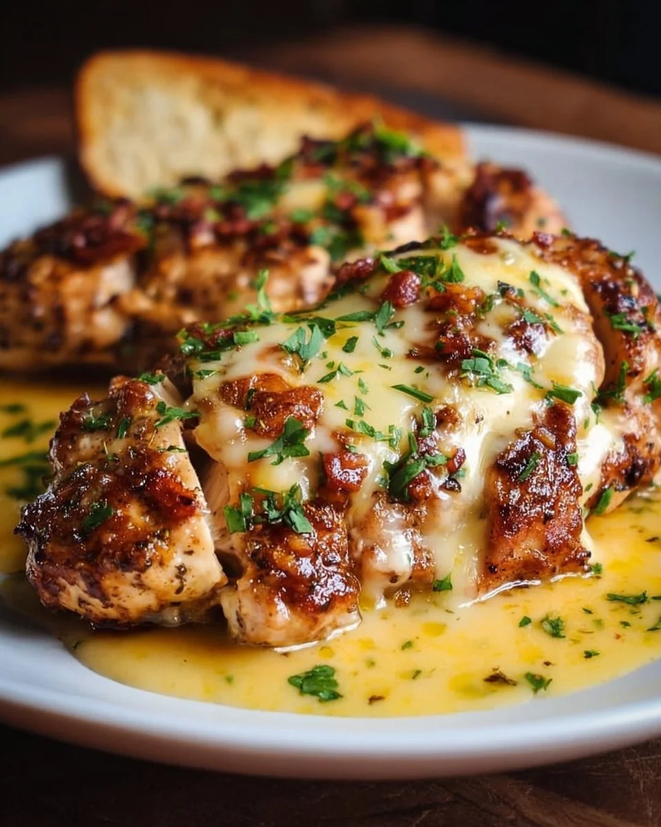 Texas Roadhouse Smothered Chicken topped with Jack Cheese served on a plate