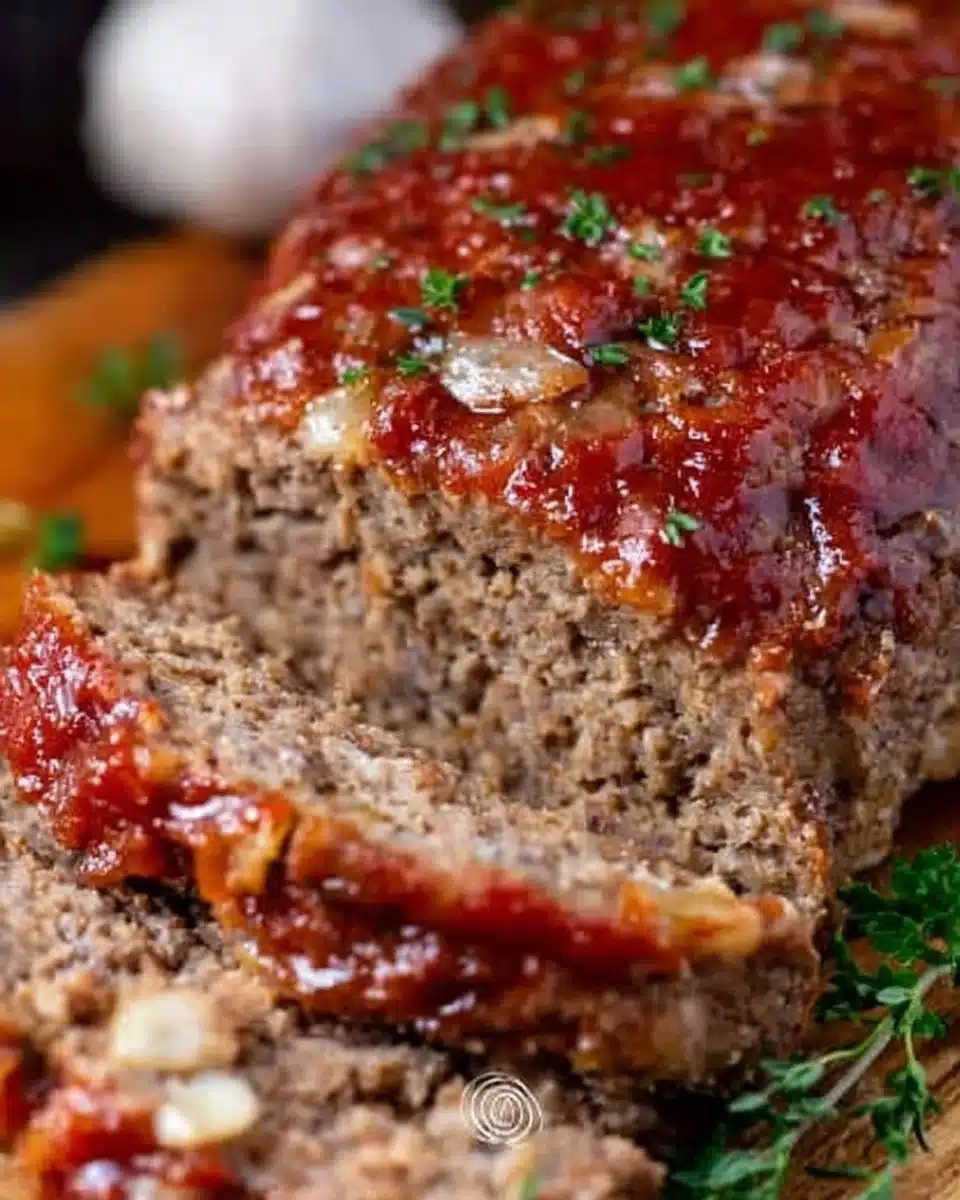 Juicy beef meatloaf served on a plate, the best meatloaf recipe perfected over years.