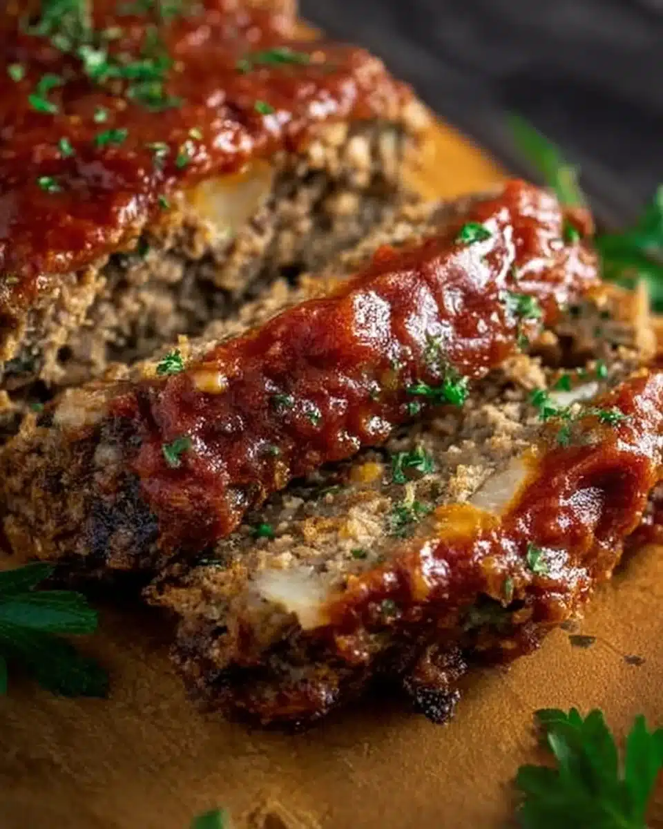 Delicious homemade meatloaf served with sides on a wooden table.