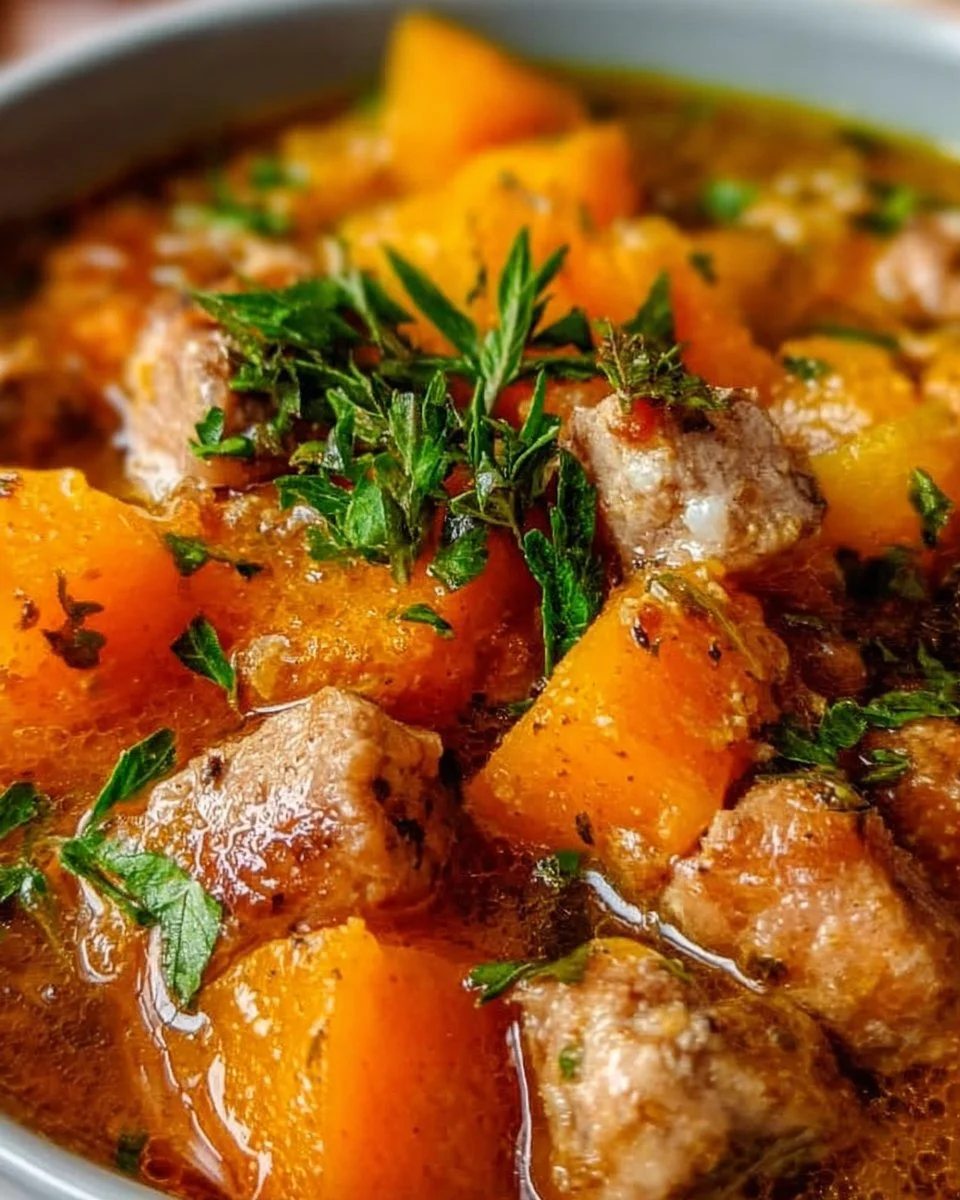 Delicious bowl of Turkey Pumpkin Stew garnished with herbs.