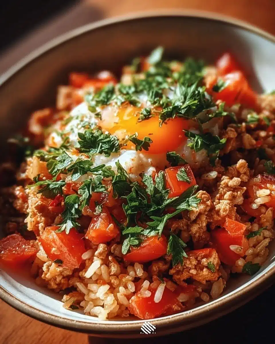 Turkey Rice Bowl topped with tomatoes and herbs for a healthy meal