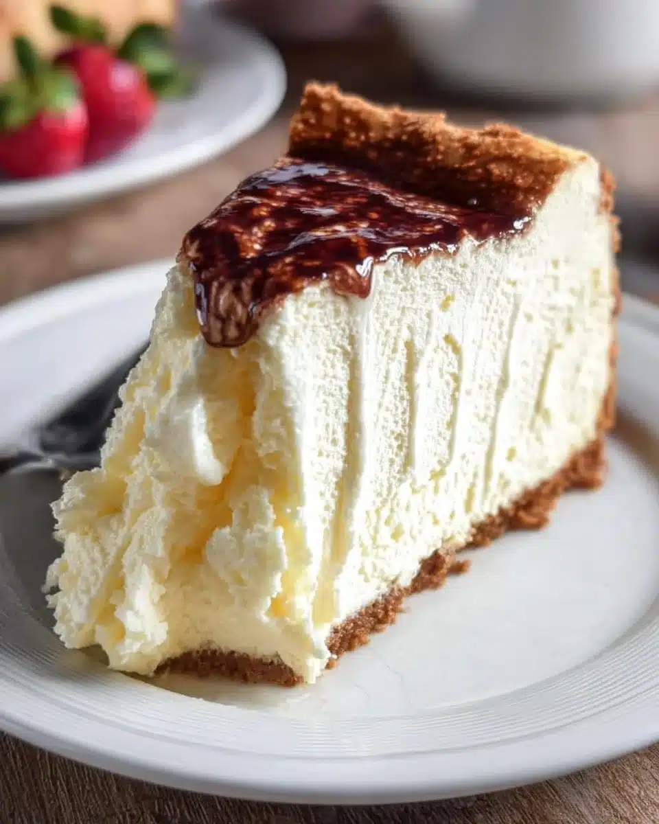 Slice of ultimate cheesecake with a berry topping on a white plate