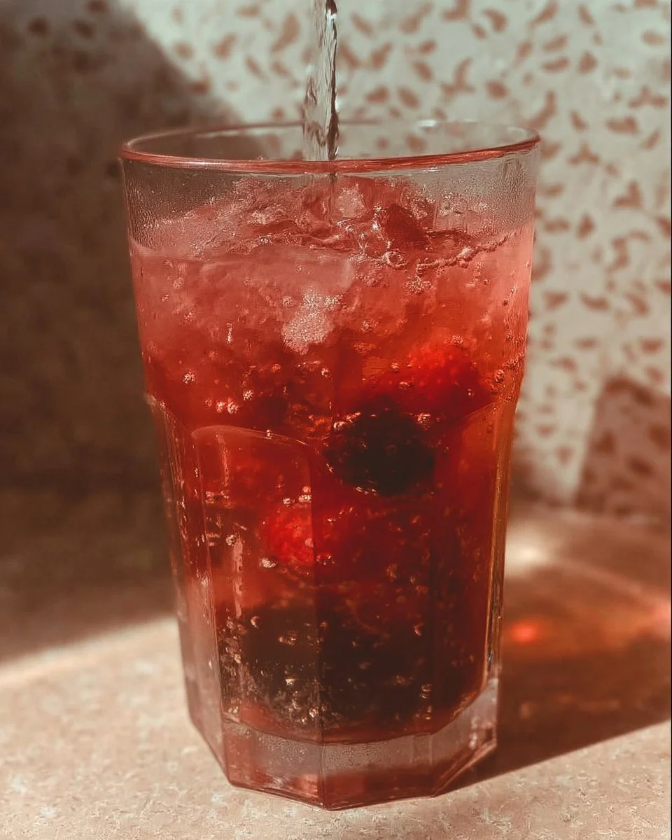 A colorful upside down drink garnished with fruit and served in a stylish glass.
